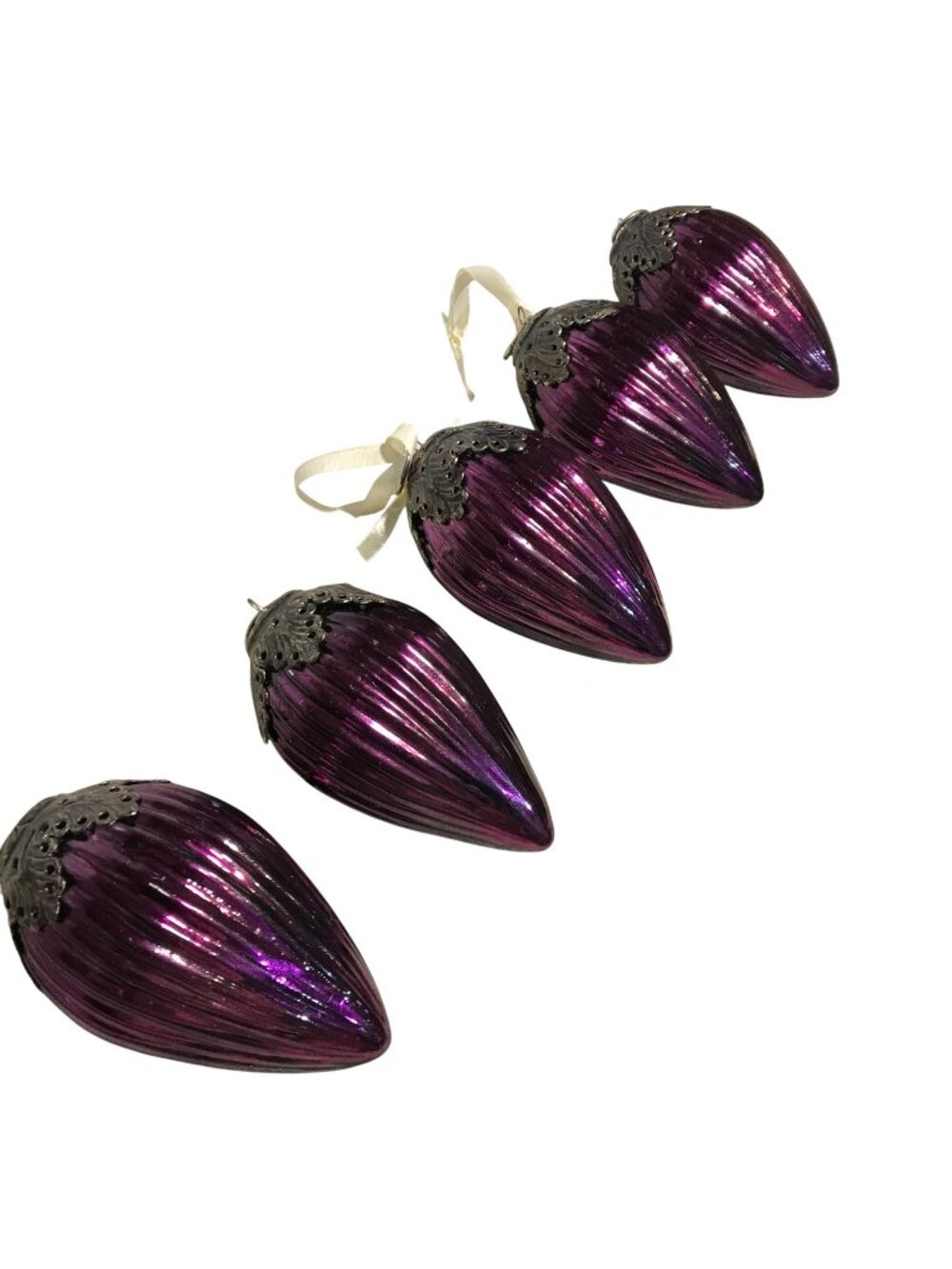 Vintage Christmas Ornaments Purple Glass Ornate Silver Caps Kugel? Heavy Lot of